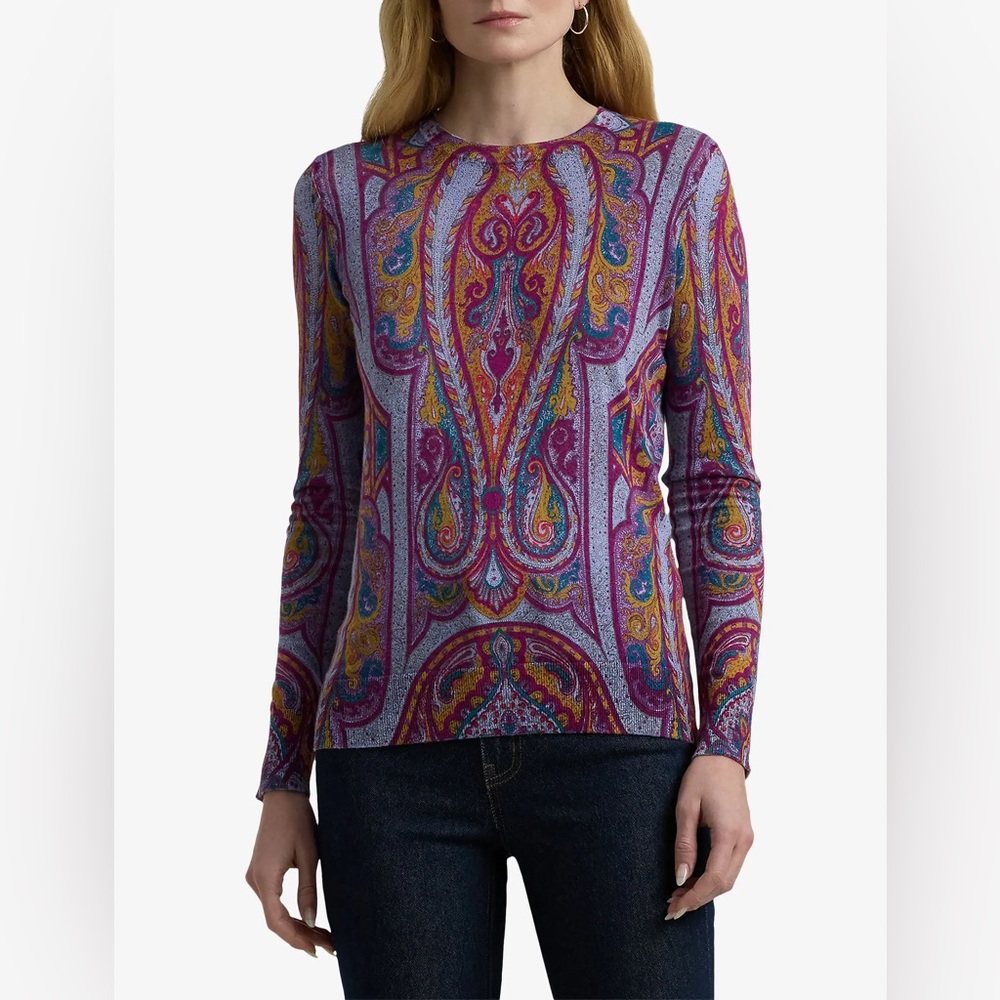 NWT Ralph Lauren Paisley Cotton-Blend Sweater, Size PS